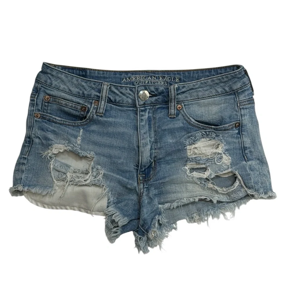 American Eagle Stretch Hi-Rise Festival Women's Cutoff Ragged Jean Shorts Size 8